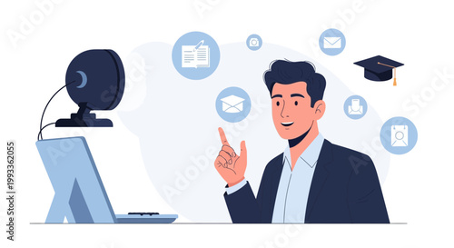 Online Education Concept: Man with Laptop, Webcam, and Digital Icons