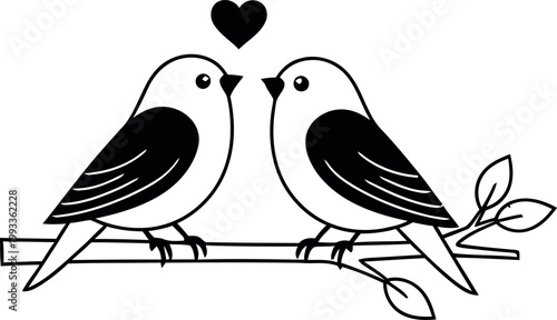 Two lovebirds perched on a branch with a heart above a charming black and white illustration