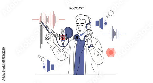 Podcast Host Recording Audio with Microphone and Headphones, Sound Waves