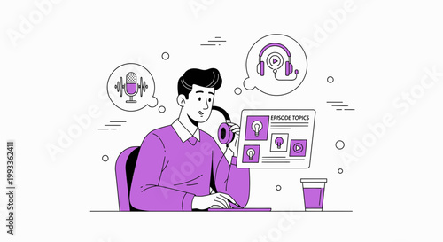 Podcaster Planning Episode Topics with Headphones and Microphone Icon
