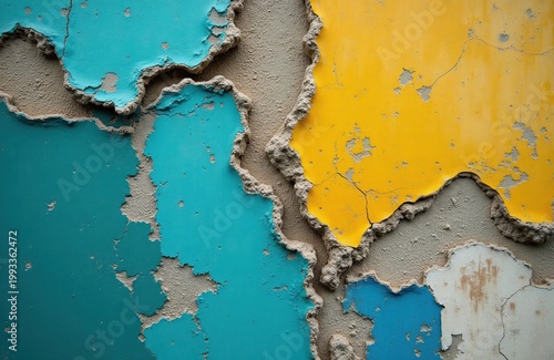 Cracked wall texture with bright peeling paint layers. Rough plaster shows through vibrant turquoise yellow and blue sections. Aged surface detail with abstract color blocks.