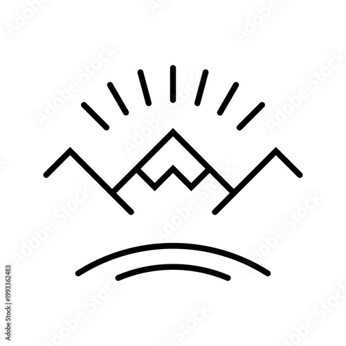 Mountain sunrise icon. Travel and mountain landscape line symbol. Black and white.