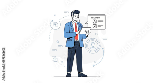 Man with tablet conducting online interview, recruitment, HR, business concept