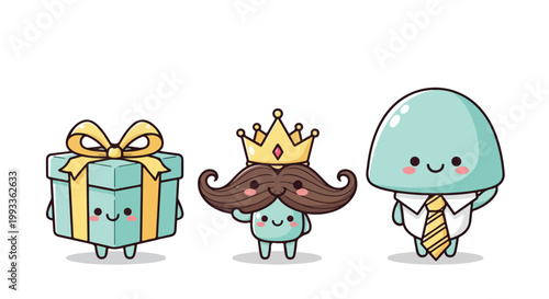 Cute Cartoon Characters, Gift Box, King with Mustache, Business Jelly. Kawaii Vector Illustration.