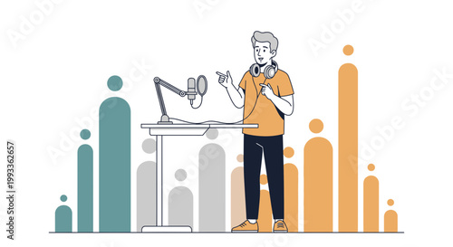 Podcaster Speaking into Microphone with Audience Growth Chart Background