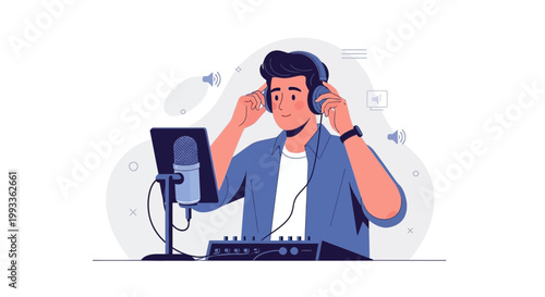 Man with headphones recording audio with microphone and mixing console