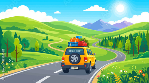 Colorful Road Trip Illustration of SUV Driving Through Scenic Countryside Landscape