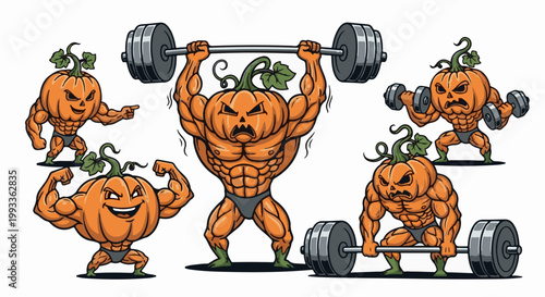 Muscular pumpkins in various weightlifting poses, showcasing their strength with barbells and dumbbells