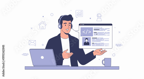 Man with headset and laptop, coding on screen, customer support, remote work