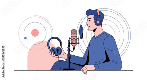 Podcaster with Headphones and Microphone Recording Audio in Studio with Sound Waves