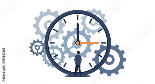 Businessman Analyzing Time Management with Clock and Gears Illustration