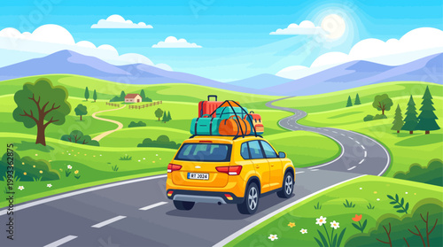 Colorful Road Trip Illustration of SUV Driving Through Scenic Countryside Landscape