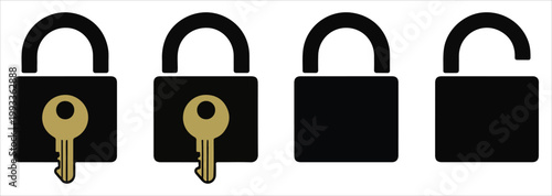 Black padlock with gold key symbols representing secure access and locking mechanism on check background.