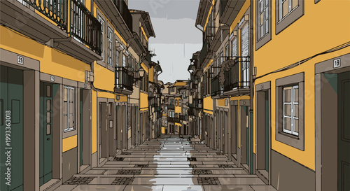 Narrow, rain-slicked alley lined with tall, old buildings and balconies, looking toward distant structures