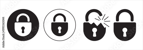 Broken lock and circle icons for security failure or breach concepts with damaged padlock illustration.