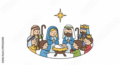 Nativity scene with a baby in a manger, parents, shepherds, and wise men
