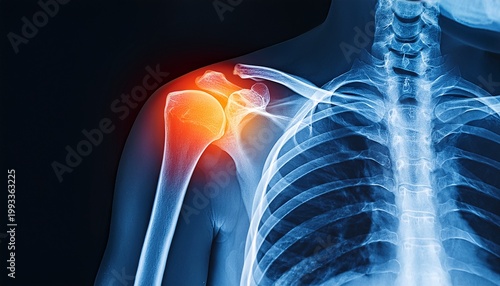 shoulder x ray showing clavicle fracture with highlighted injury area medical imaging of bone trauma and orthopedic pathology