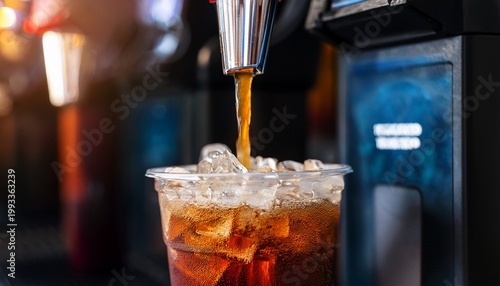 carbonated soft drink pouring from a soda fountain into a plastic cup with ice concept of fast food self service cold beverage cafe restaurant and soft drink consumption