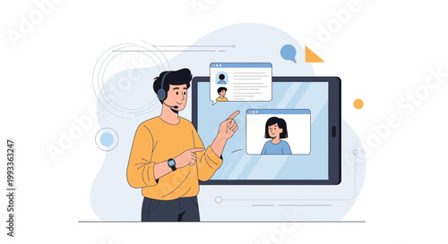 Man with headset teaching online via tablet, virtual meeting, remote education concept