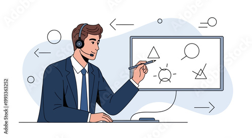 Man with headset presenting geometric shapes on a digital whiteboard, online learning concept
