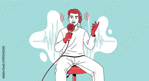 Podcaster with headphones and microphone recording audio with sound waves illustration
