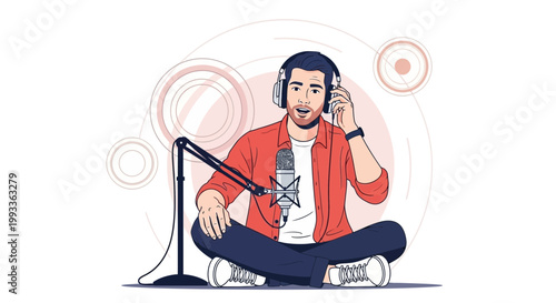 Podcaster with Headphones and Microphone Recording Audio