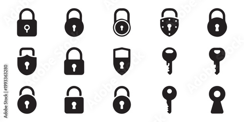 Collection of various black lock and key icons isolated on transparent background for design.