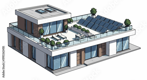 Modern isometric building with rooftop solar panels, lounge chairs, and potted plants