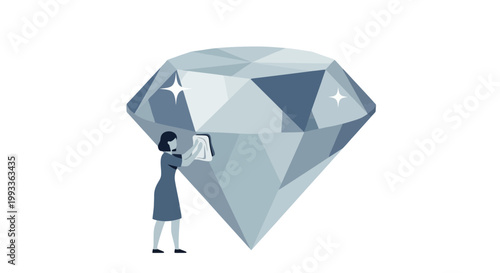 Illustration of a woman examining a large faceted diamond gemstone