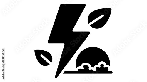 Green energy icon, vector illustration of a lightning bolt with leaves and a sun rising over the horizon, ecofriendly po