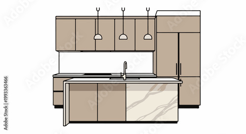Modern kitchen design with beige cabinets, marble island, sink, faucet, and pendant lights
