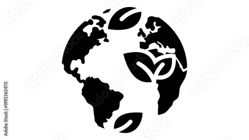 Globe icon with leaves, ecofriendly earth symbol, sustainable development and environmental protection concept, vector i