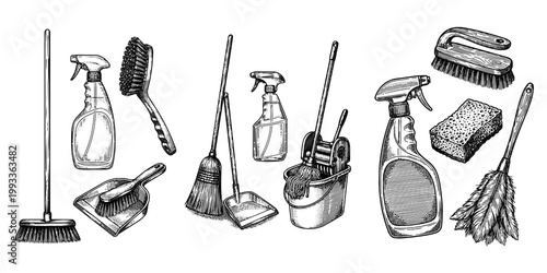 Household Cleaning Objects Engraving Set