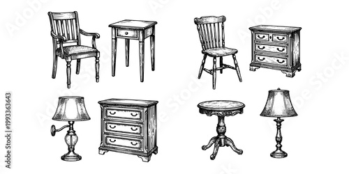 Schilderij op canvas Home Furniture Objects Engraving Bundle