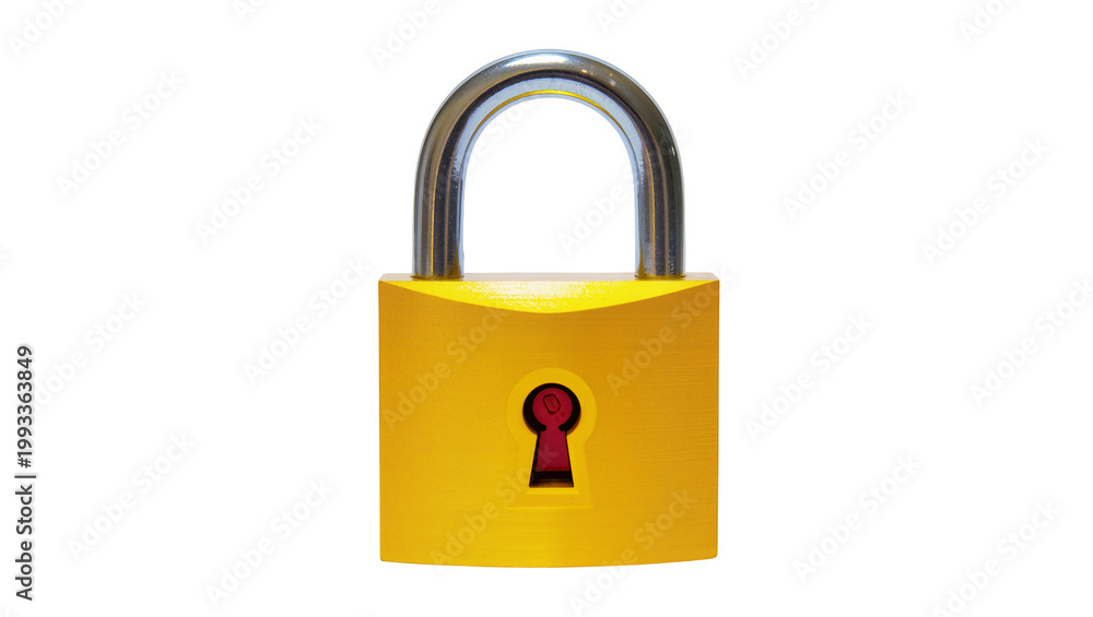 Naklejka premium Bright yellow metal padlock with silver shackle and keyhole
