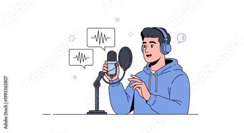 Man with headphones recording audio with microphone, sound waves in speech bubbles
