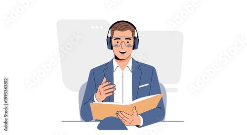Man with headphones reading a book, online learning or remote work concept