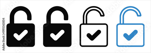 Unlocked padlock icon with check mark for successful security authentication and access verification.