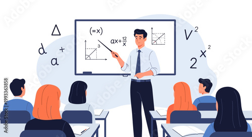 Math Teacher Explains Algebra and Geometry on Whiteboard to Students in Classroom