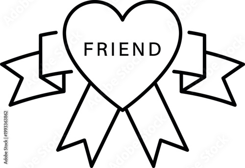 Black and white heart shaped emblem with ribbons and 'friend' text a symbol of affection and companionship