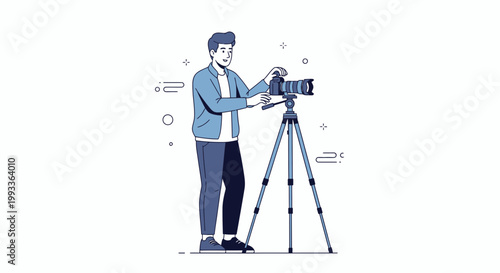 Man with camera on tripod, illustration, photography, creative hobby, professional equipment