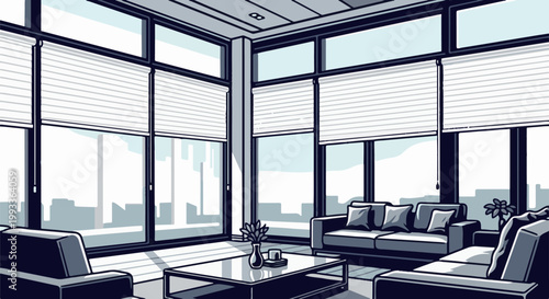 Modern minimalist living room with large windows, sleek furniture, and a city view