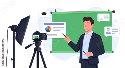 Online Education: Teacher filming lesson with camera and green screen