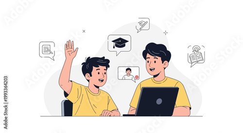 Online learning: two boys studying with laptop, graduation cap, and chat bubbles