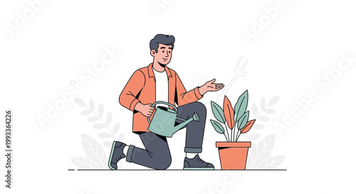 Man watering a potted plant with a watering can, illustration of home gardening and plant care