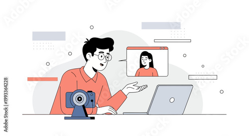 Man Video Calling Woman on Laptop with Webcam, Online Communication Concept