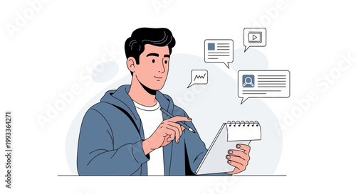 Man using tablet with social media and communication icons, digital marketing concept