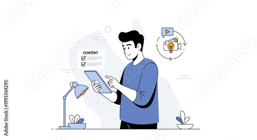 Man using tablet for content creation with video and idea icons