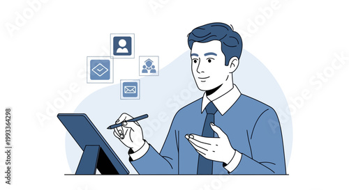 Man using tablet with digital icons, representing business and technology concepts.