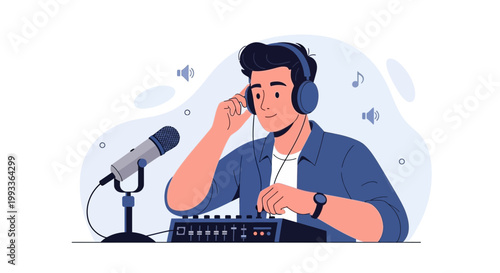 Podcaster with Headphones and Microphone at Sound Mixer, Radio Studio